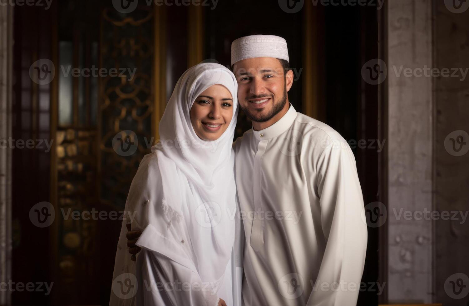 Portrait of a Muslim couple in white Ihram garments at a sacred site, reflecting their devotion and unity during pilgrimage.Generated image photo