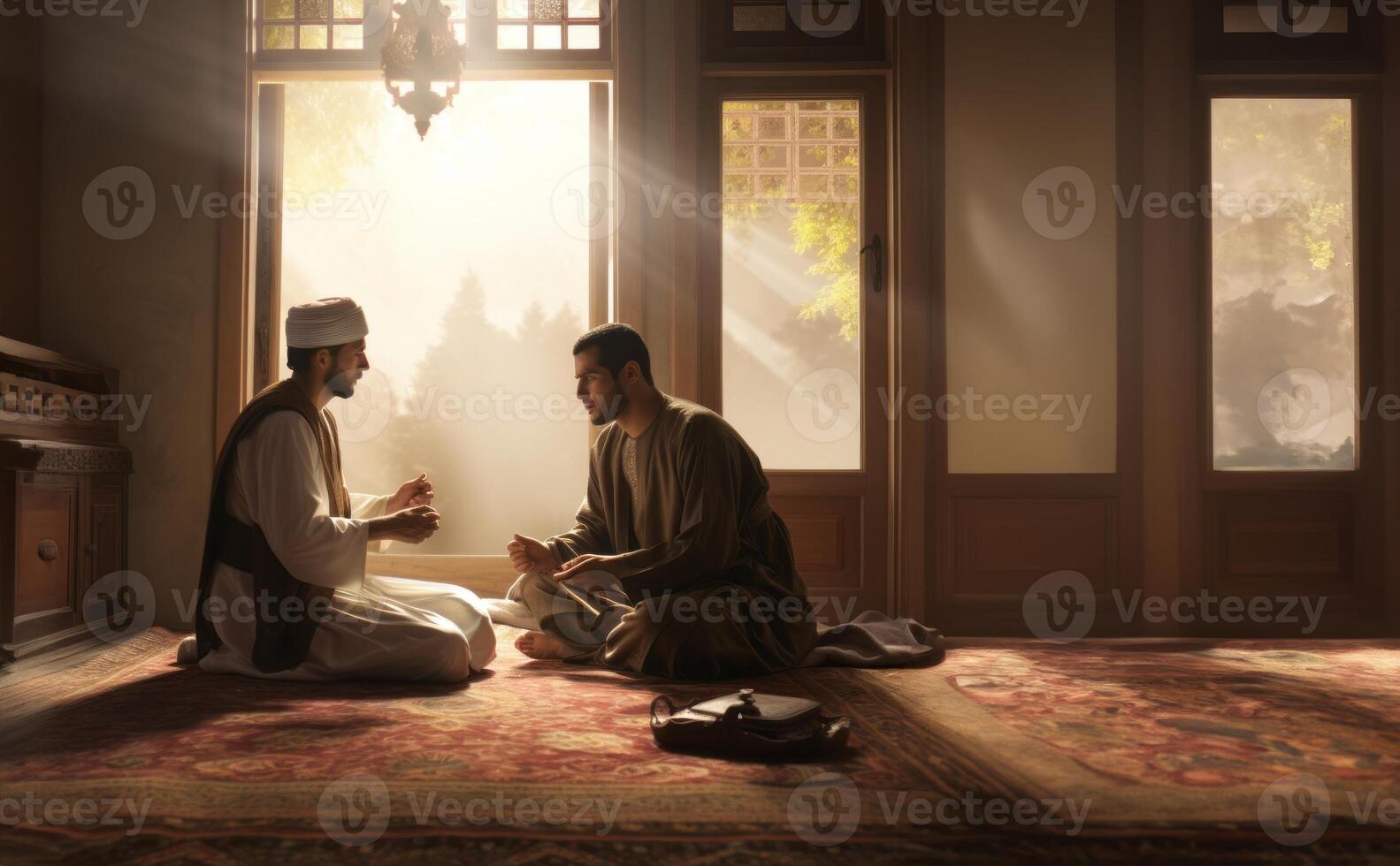 Muslim couple in traditional attire engaged in prayer, illuminated by sunlight streaming through the window, embodying devotion and spirituality.Generated image photo