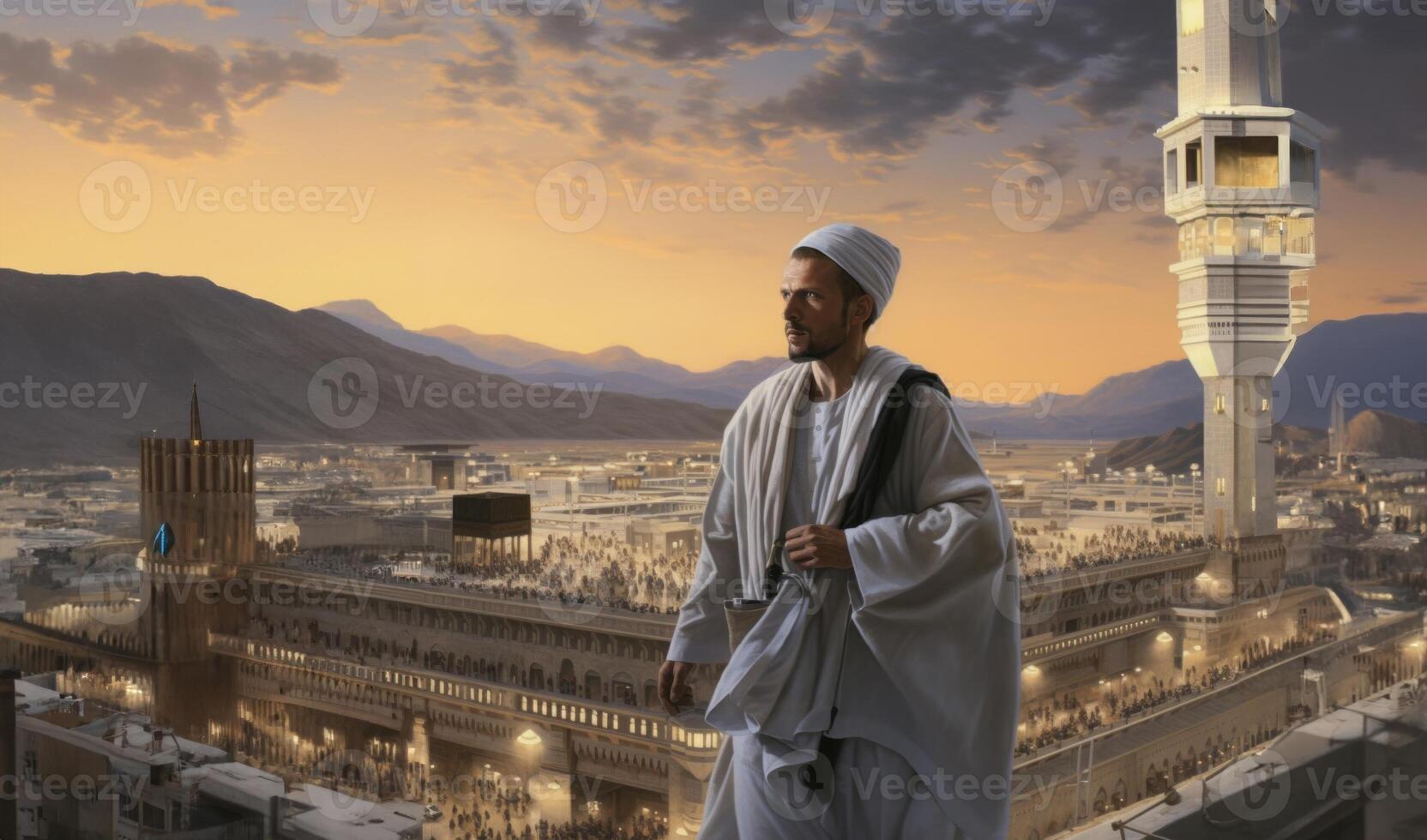 Elderly Muslim man in traditional attire standing in reverence before the Kaaba in Mecca..Generated image photo