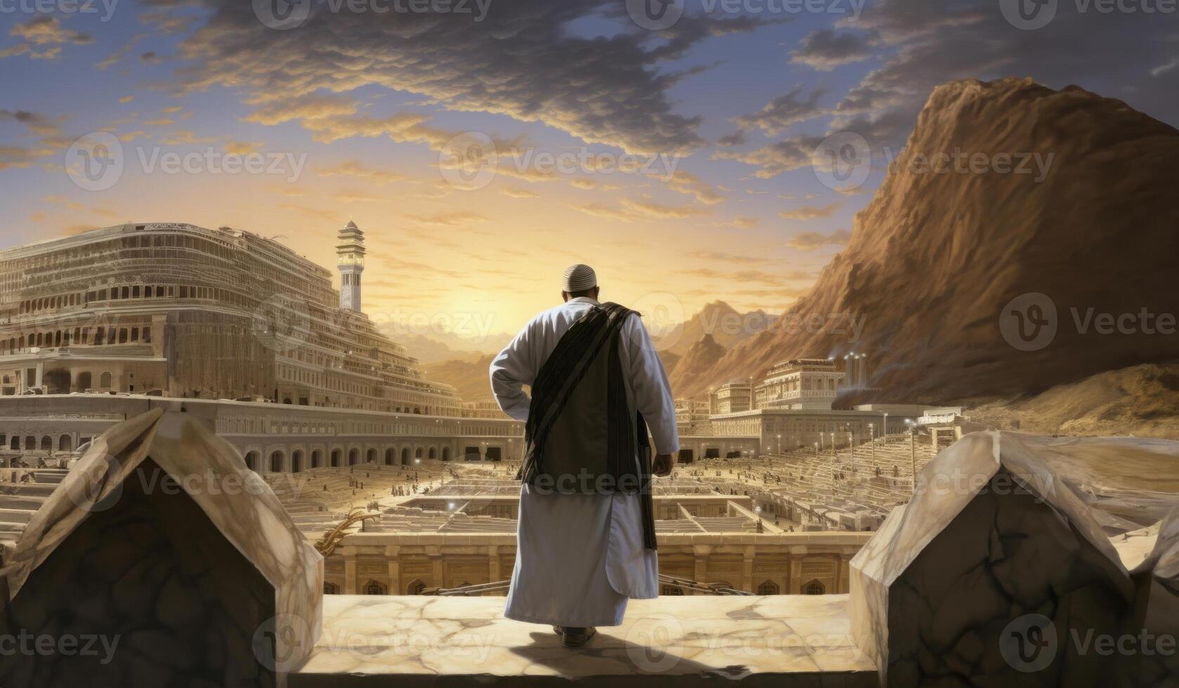 Elderly Muslim man in traditional attire standing in reverence before the Kaaba in Mecca..Generated image photo
