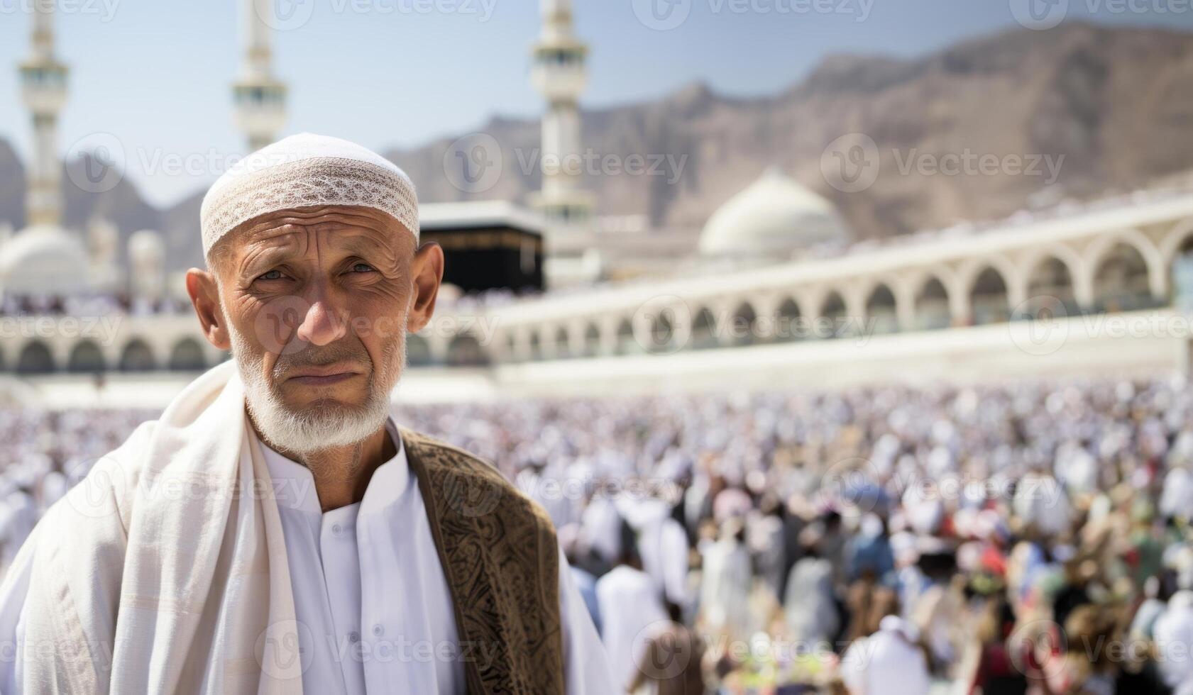 Elderly Muslim man in traditional attire standing in reverence before the Kaaba in Mecca..Generated image photo