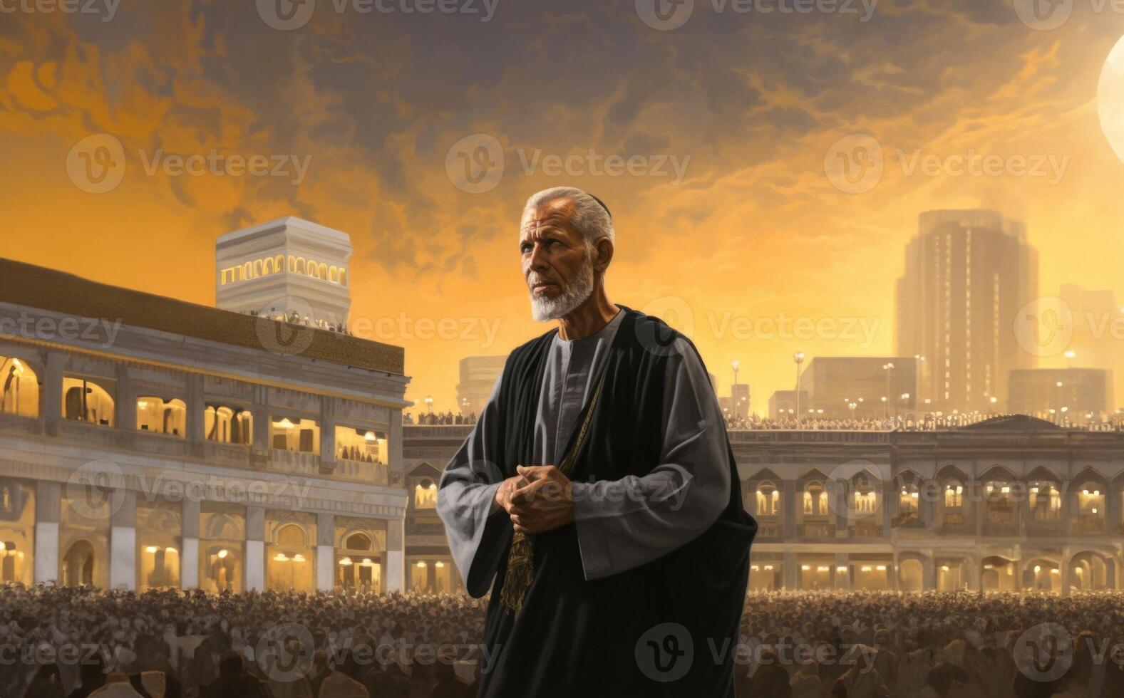 Elderly Muslim man in traditional attire standing in reverence before the Kaaba in Mecca..Generated image photo