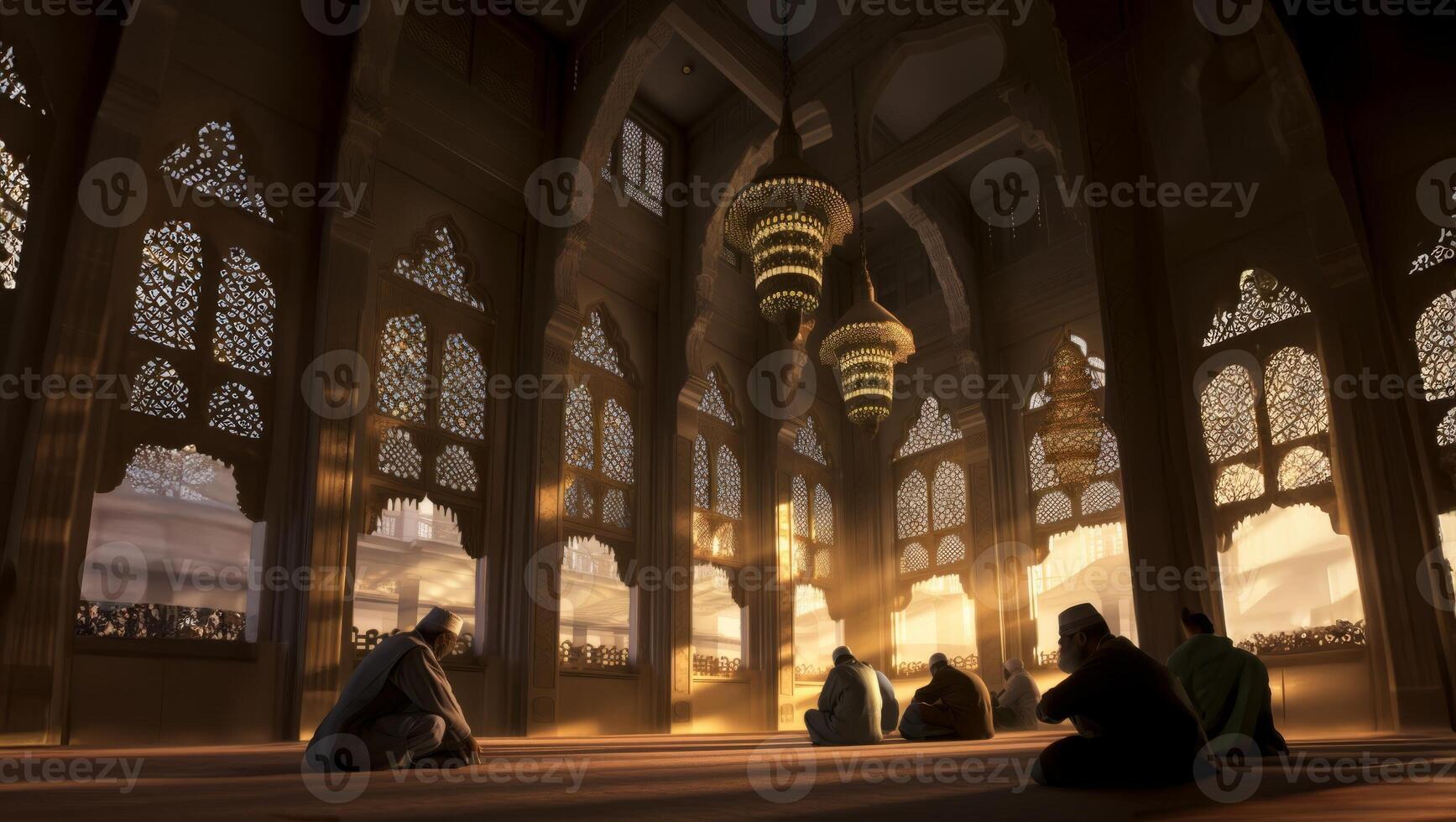Group of Muslims Praying in a Mosque with Sunlight Streaming Through the Window, Creating Silhouettes.Generated image photo
