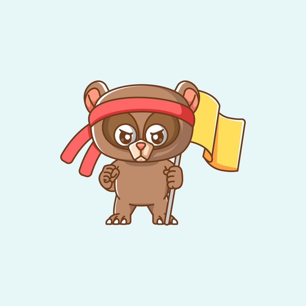 Cute bear shouting with the flag and headband kawaii chibi character mascot illustration outline style design vector