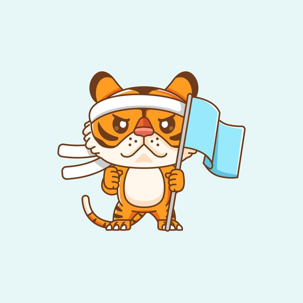 Cute tiger shouting with the flag and headband kawaii chibi character mascot illustration outline style design vector
