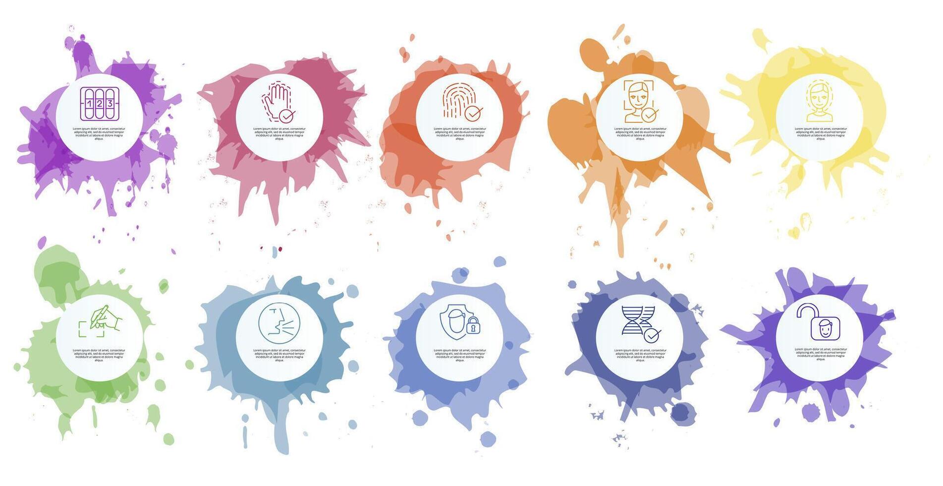 Infographic Authentication template. Icons in different colors. Include Code, Palm Recognotion, Fingerprint Recognotion, Face Authentication and others. vector