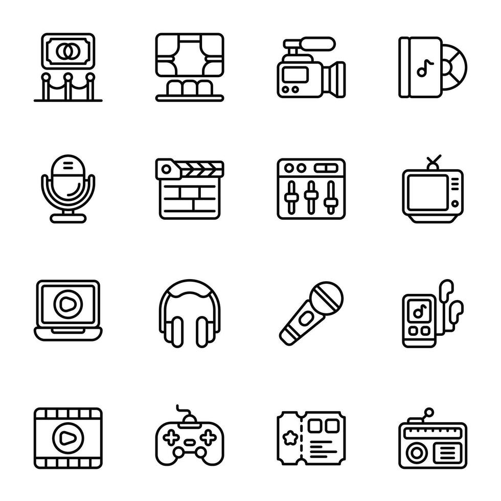 Entertainment icon set. Includes art gallery, cd player, movie ticket, television, music equaliser, and More. Outline icons collection. vector