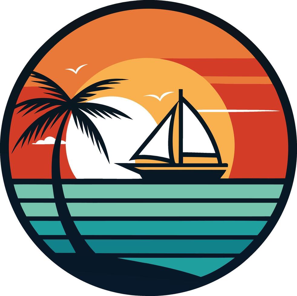 Sail boat Minimal sunset design on white background for t-shirt artwork vector
