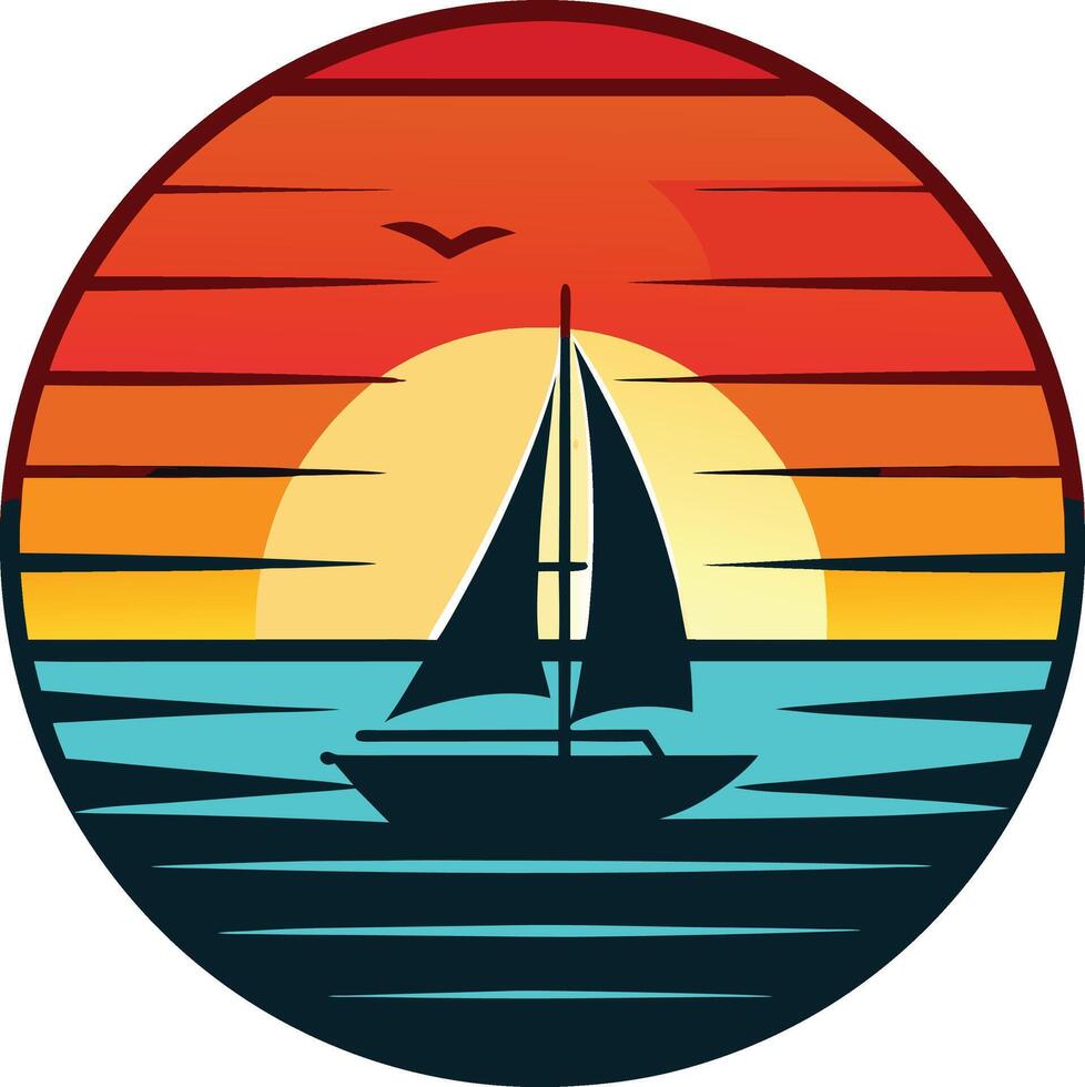 A boat with a sail Minimal sunset design on white background for t-shirt artwork vector