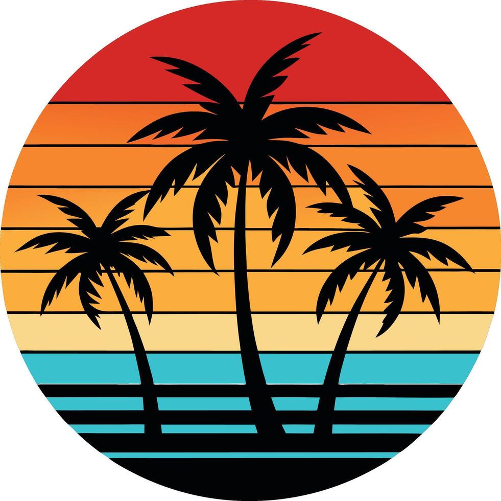 Tropical island with palm tree Minimal sunset design on white background for t-shirt artwork vector