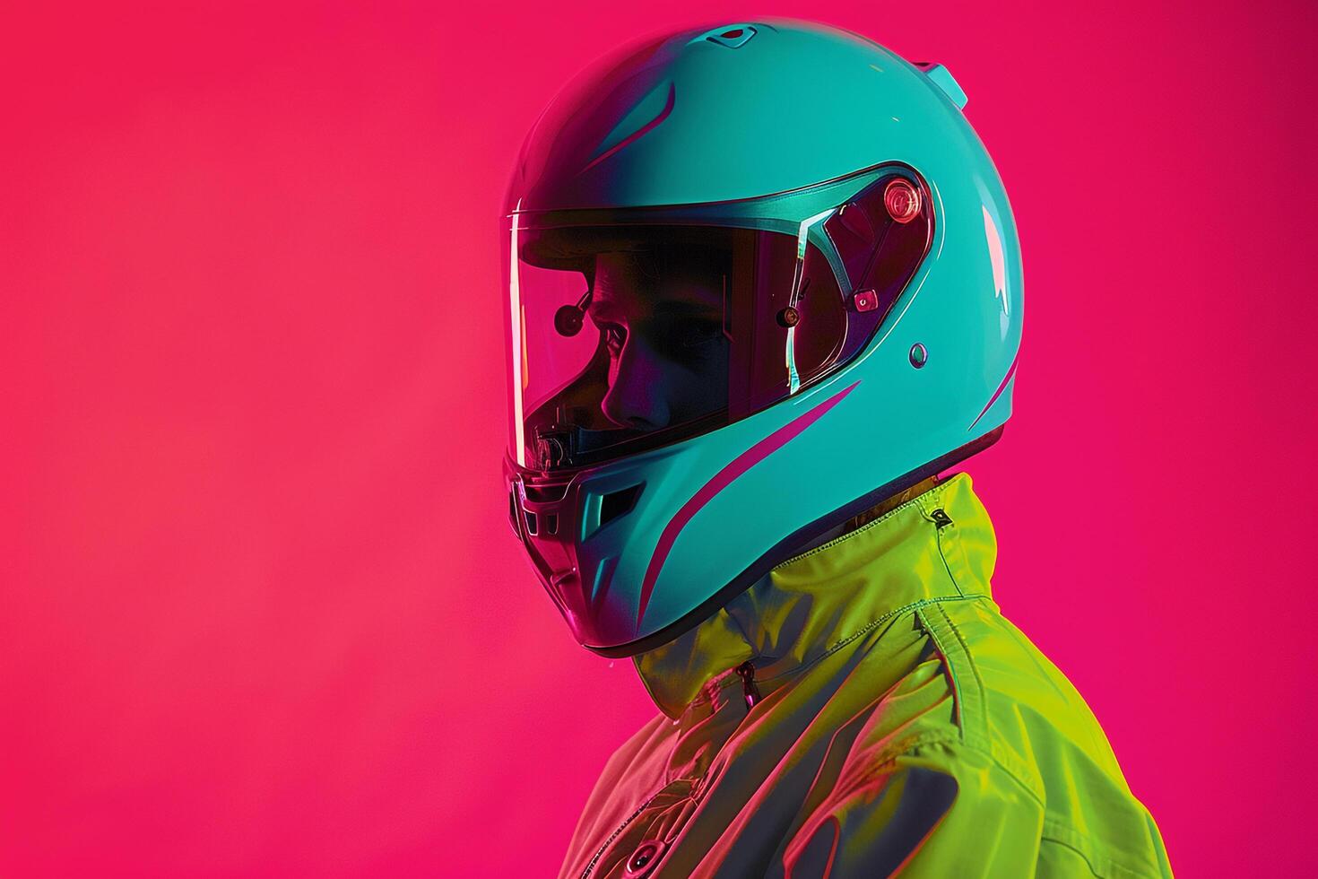 Trendy Fashion Male Model in Neon Green Helmet Neon pink Background portrait with Contemporary Look photo