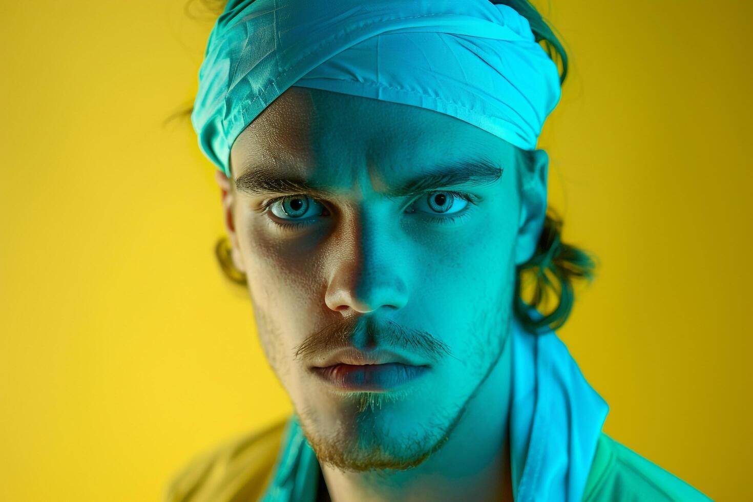 Contemporary portrait of Fashion Male Model with Neon Teal Bandana against Neon Yellow Background photo