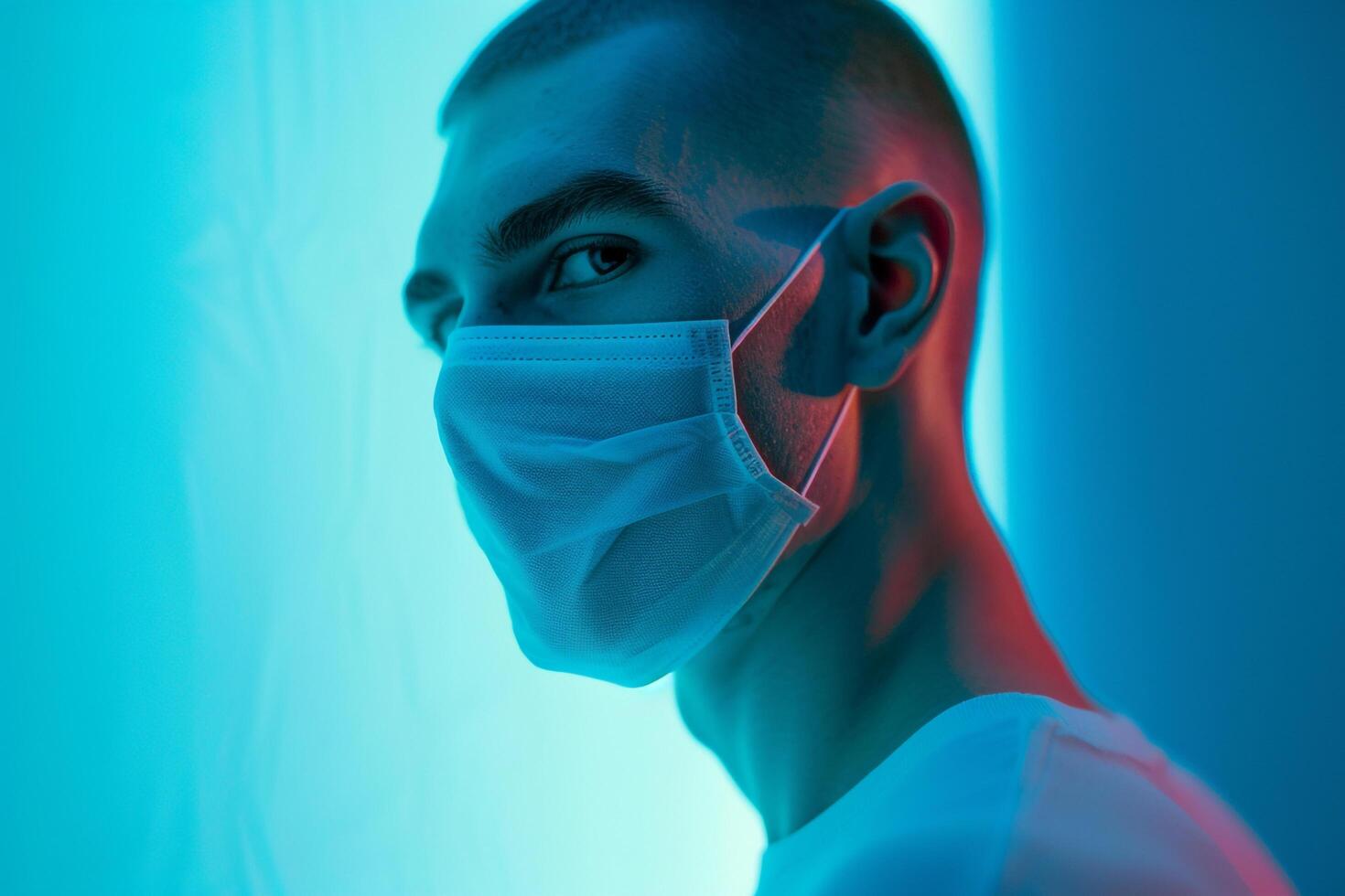 Trendy Male Model in Face Mask with Neon Teal Background Stylish Lifestyle portrait photo