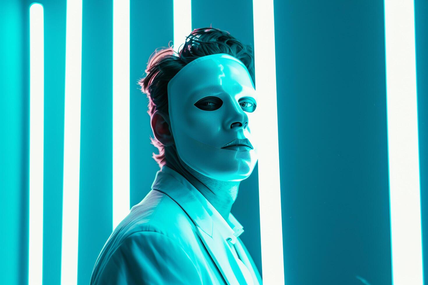 Fashionable Male Model in Face Mask with Neon Teal Background Stylish Lifestyle portrait photo