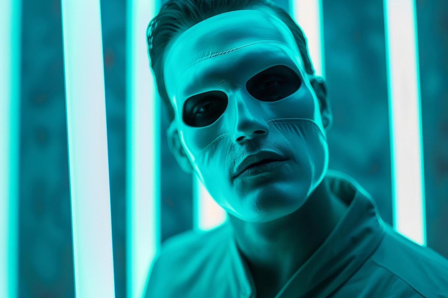 Stylish Male Model in Face Mask with Neon Teal Background Trendy Lifestyle portrait photo