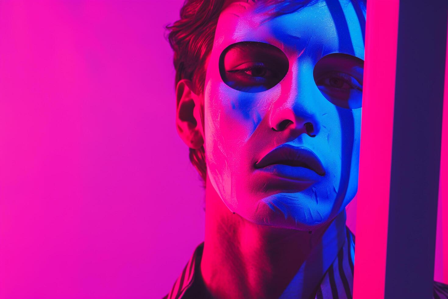 Fashionable Male Model in Neon pink Face Mask with Neon purple Background Contemporary Lifestyle portrait photo
