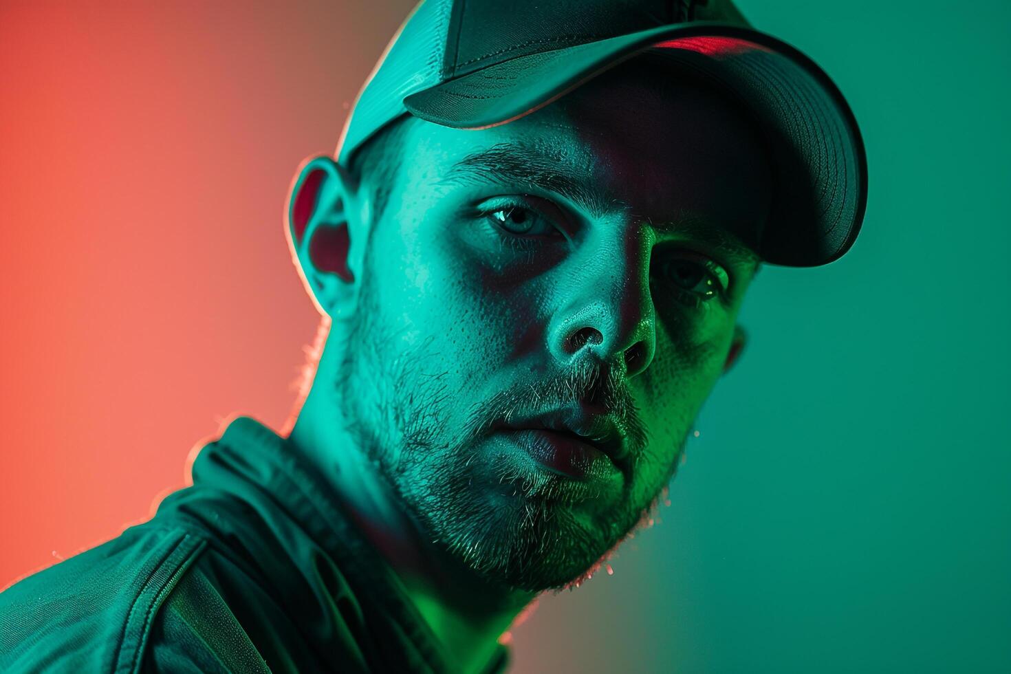 Stylish Male Model in Charcoal Cap with Neon Green Background Trendy Lifestyle portrait photo