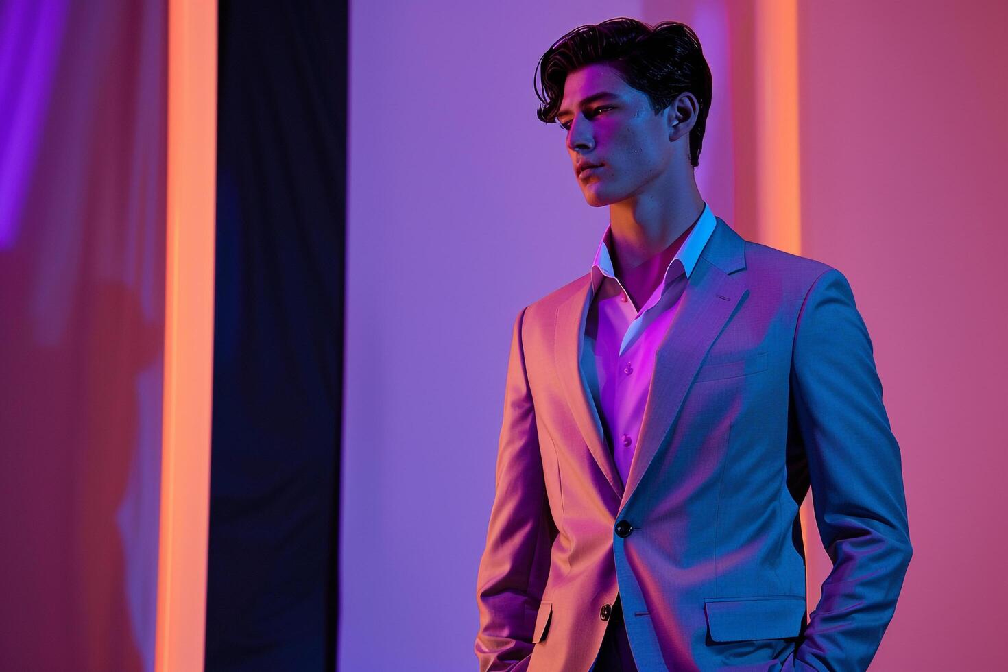 Trendy Male Model in Outfit Suit with Neon purple Showcased in a Modern Lifestyle portrait with Fashionable Lighting photo