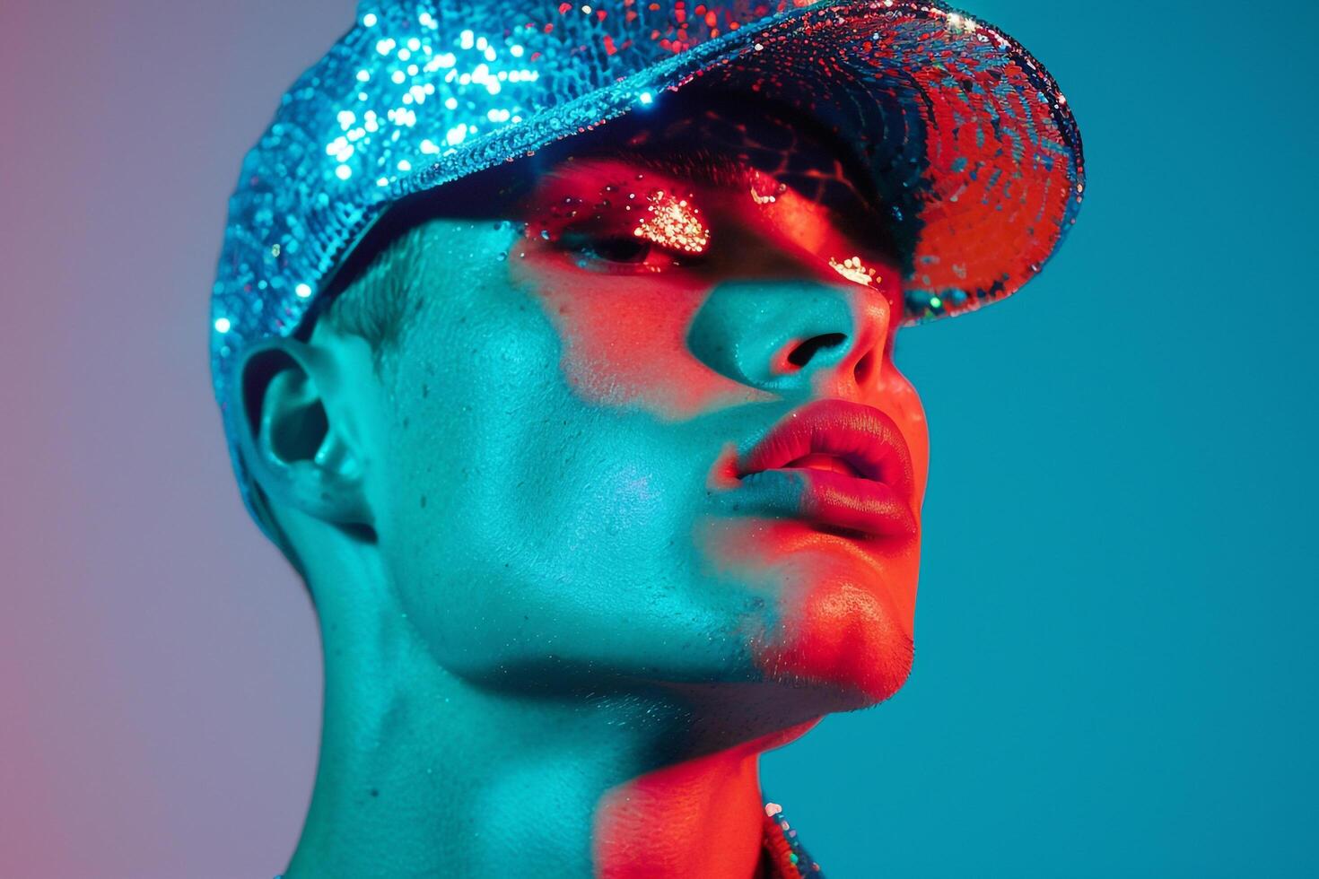 Handsome Male Model in Sequined Cap with Neon Teal Stylish portrait with Urban Lifestyle Background photo