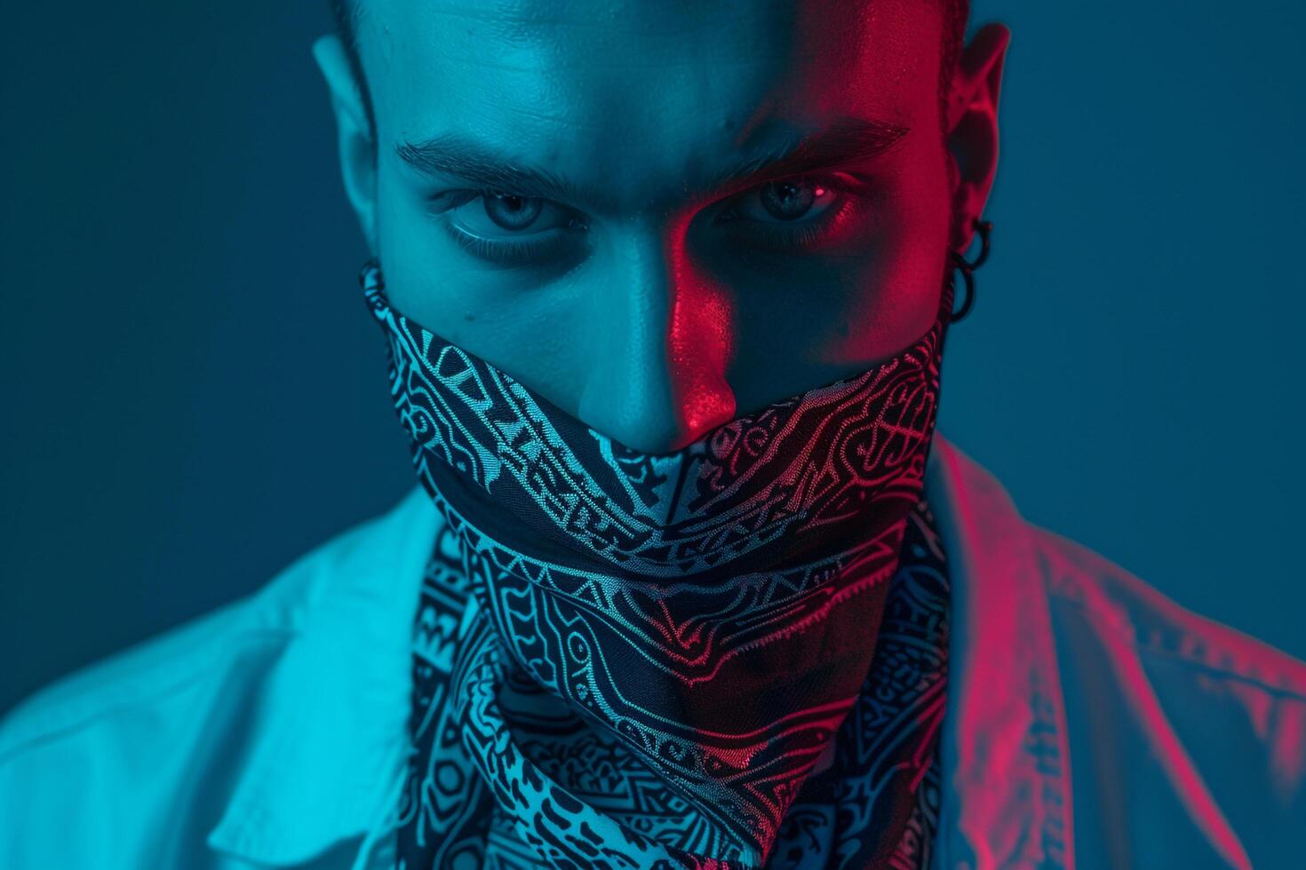 Male Model in Casual Bandana with Neon Teal Background Stylish Urban portrait with Contemporary Neon Teal Vibe photo