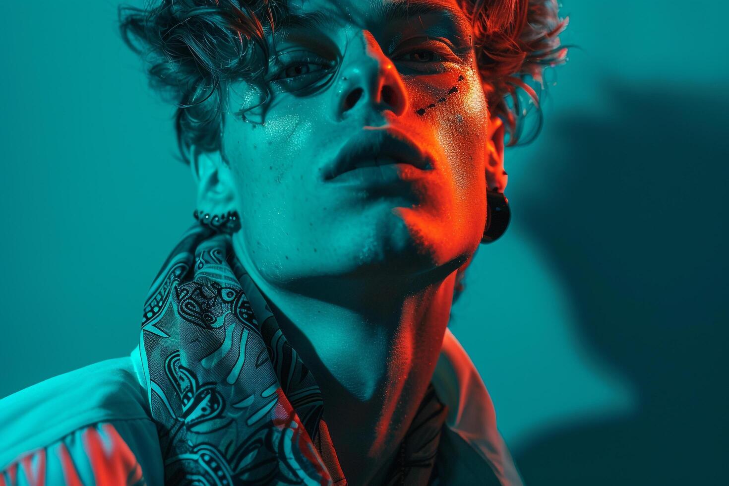 Urban Fashion Male Model in Casual Bandana with Neon Teal Background Trendsetting portrait with Chic Neon Teal Backdrop photo