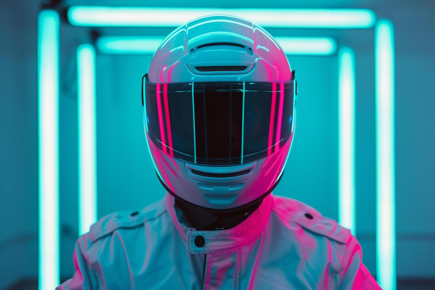 Trendsetting Fashion Male Model in Casual Fashion Helmet with Neon Aqua Background Modern Urban portrait with Chic Aesthetic photo