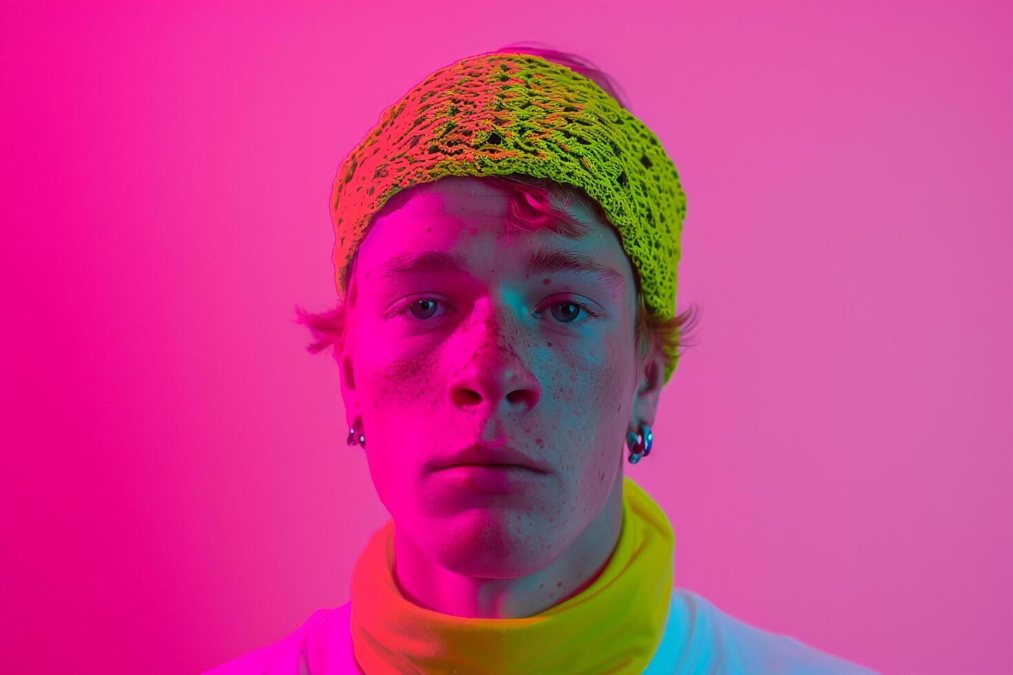 Chic Handsome Male Model in Neon Yellow Bandana with Neon pink Highlights Set Against a Vibrant Lifestyle Background Fashionable Males portrait photo