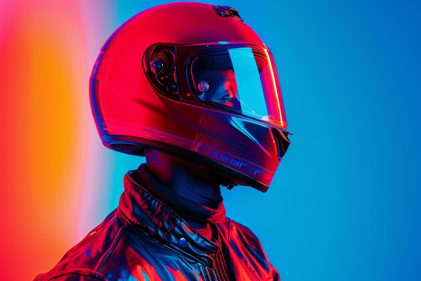 Handsome Fashion Male Model in a Neon Red Helmet with a Neon Blue Lifestyle Background Bold Males Fashion portrait photo