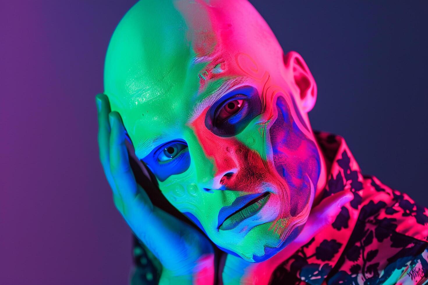 Stylish Male Model in Neon Green Face Mask with Neon Coral Background Trendy Urban Fashion with a Contemporary Twist photo