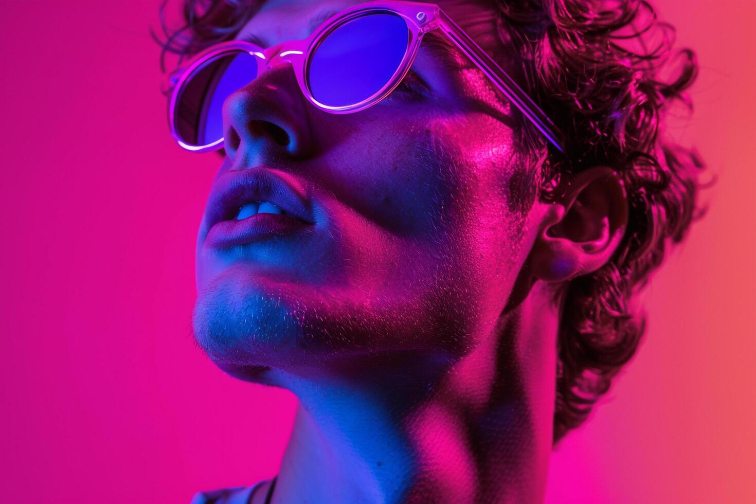 Stylish Male Model in Neon purple eyewear with Neon pink Background Chic Urban Fashion with energetic Appeal photo