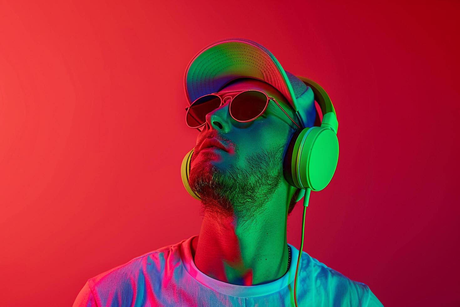 Stylish Male Model in Neon Green Headphones with Neon Red Background energetic Urban portrait Showcasing Modern Fashion photo