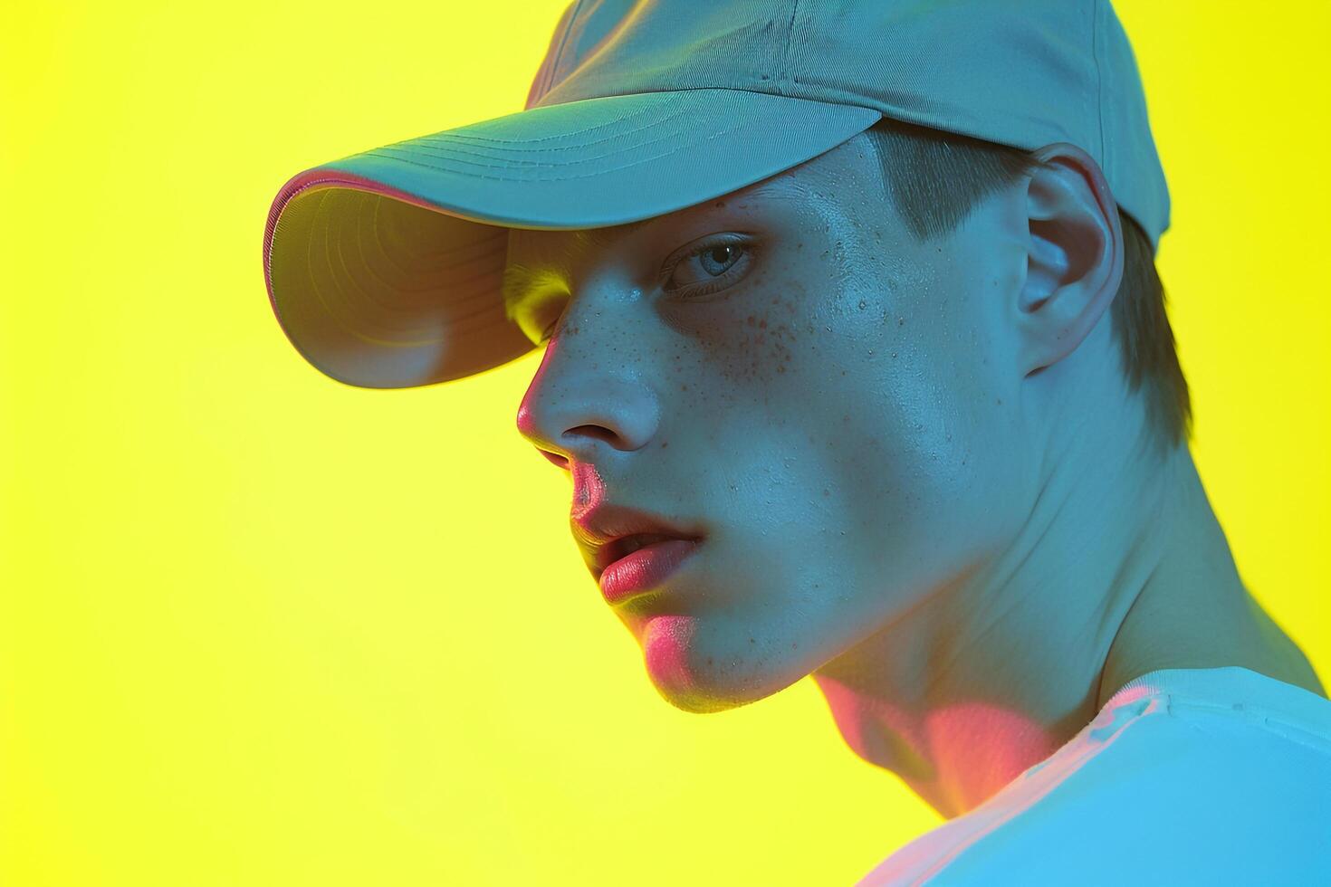 Stylish Fashion Male Model in Outfit Cap with Neon Yellow Details Males portrait with Chic Look and Trendy Background photo