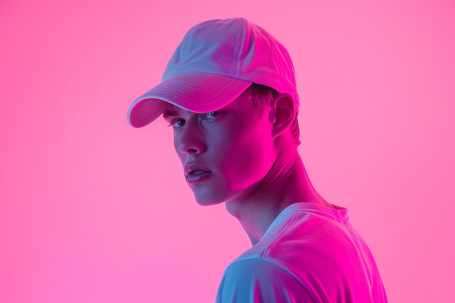White Cap with Neon pink Background Fashionable Males portrait Featuring Trendy Lifestyle and Stylish Costume photo