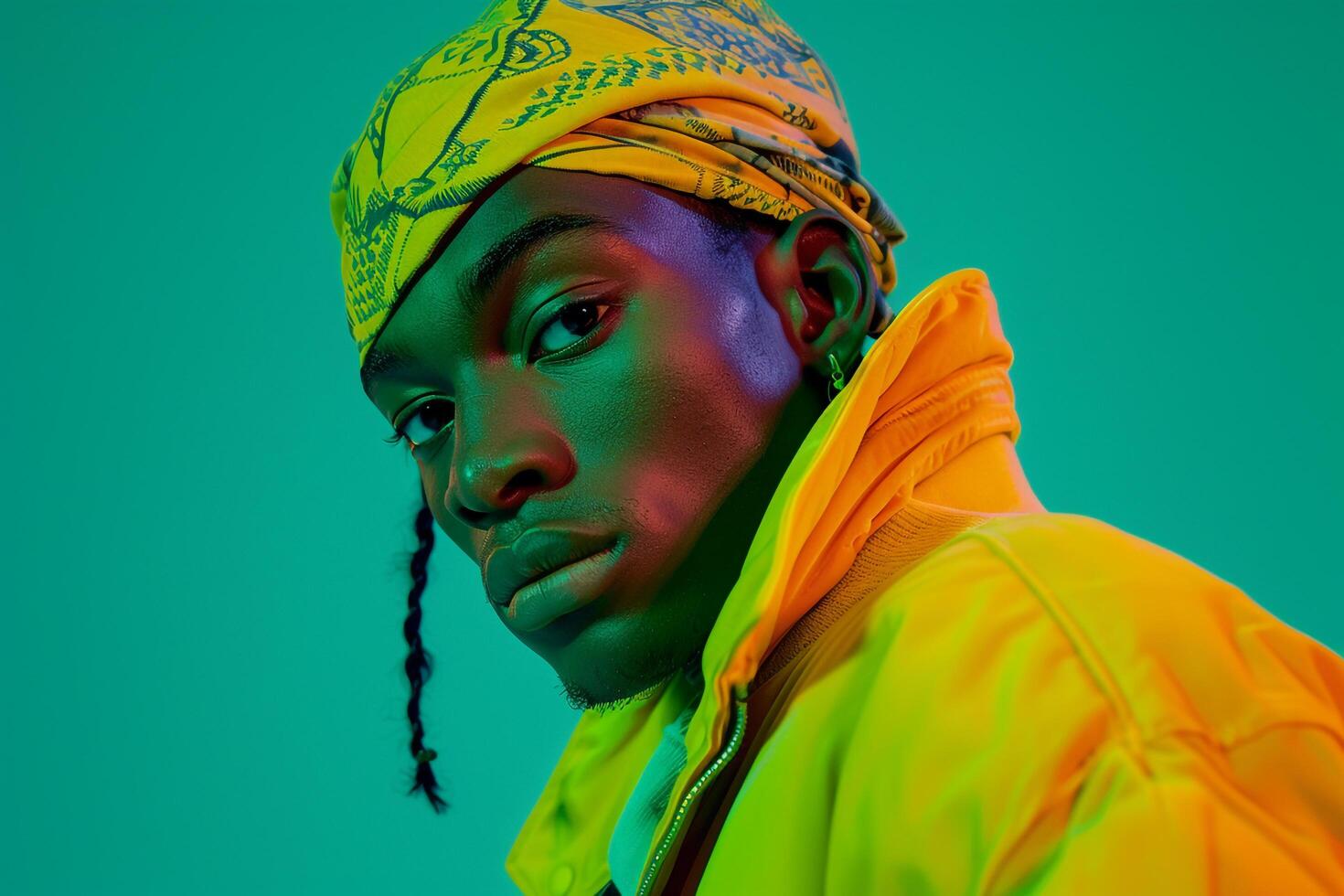 Trendy Males portrait Handsome Male Model in Neon Yellow Bandana with Neon Green Background photo