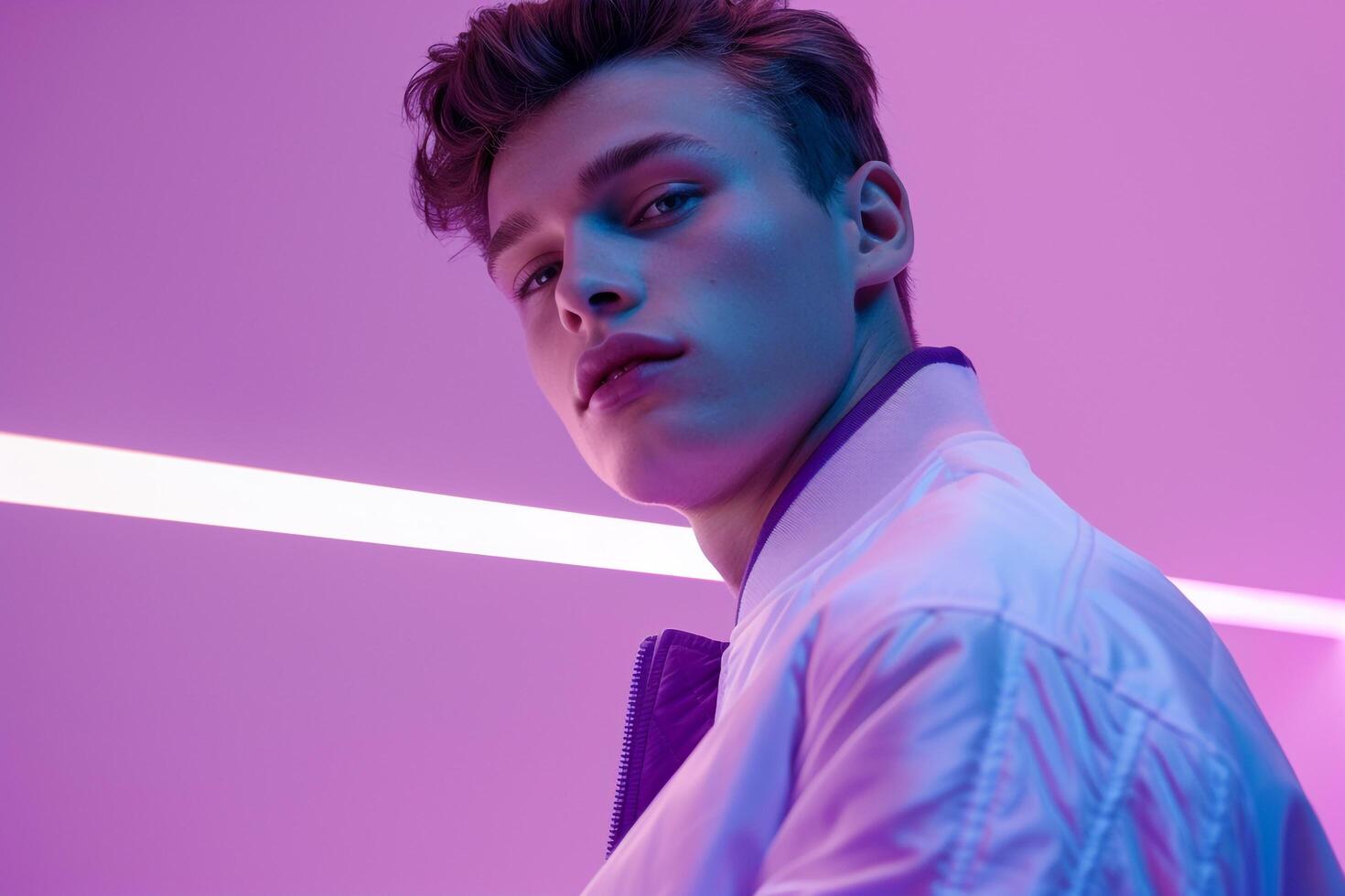 Modern Fashion Male Model in Light Lavender Zip Up Jacket Trendsetting Lifestyle portrait with Male Background photo