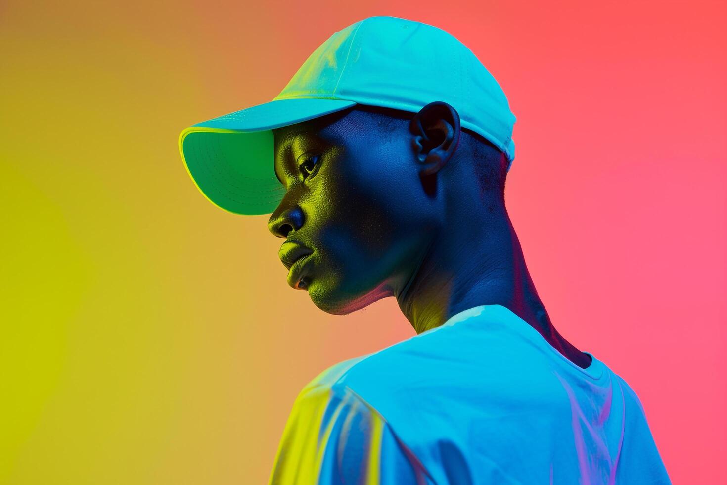 Fashionable Male Model in Neon Green Cap with Neon Blue Background Featuring Trendy Males portrait photo