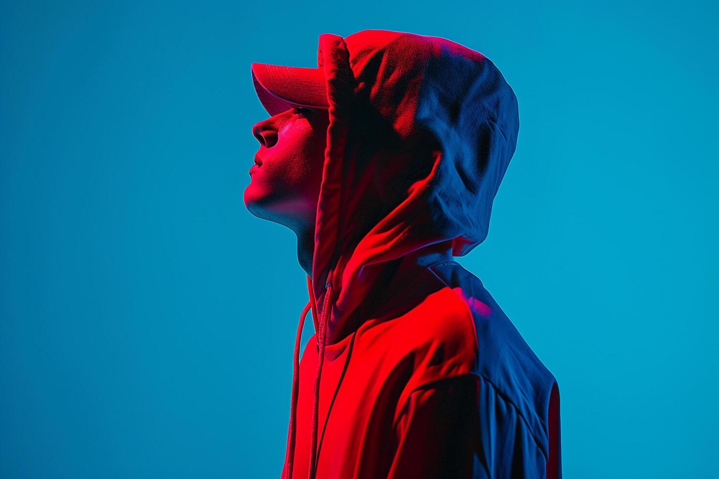Fashion Male Model in Neon Red Hoodie with Neon Blue Lifestyle Background Capturing Contemporary Males portrait Fashion photo