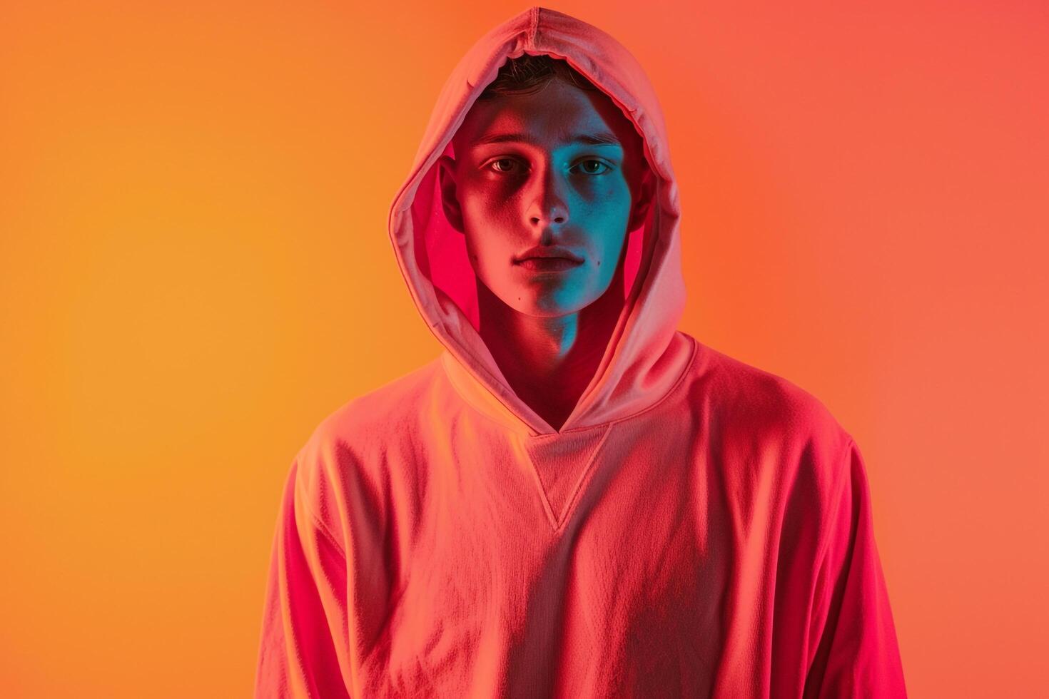 Handsome Fashion Male Model in Neon Coral Hoodie with Neon Yellow Background Showcasing Trendy Males Fashion portrait photo