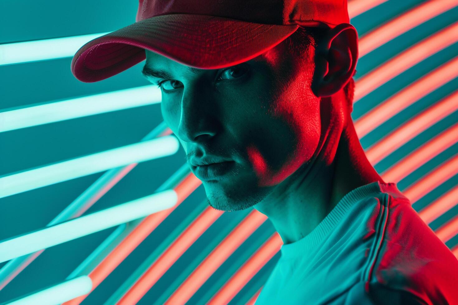 Fashion Male Model in Red Cap with Neon Green Background Featuring Trendy Males portrait Style photo
