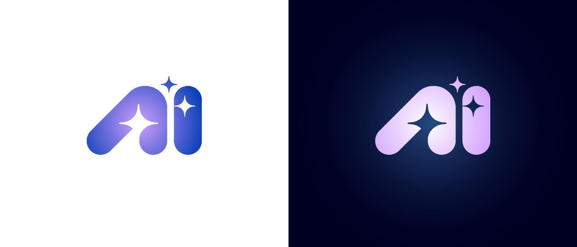 Futuristic gradient colors AI monogram logo and abstract magic stars. Modern icon symbolizing artificial intelligence, digital innovation and technology. Branding, software or networks badge vector