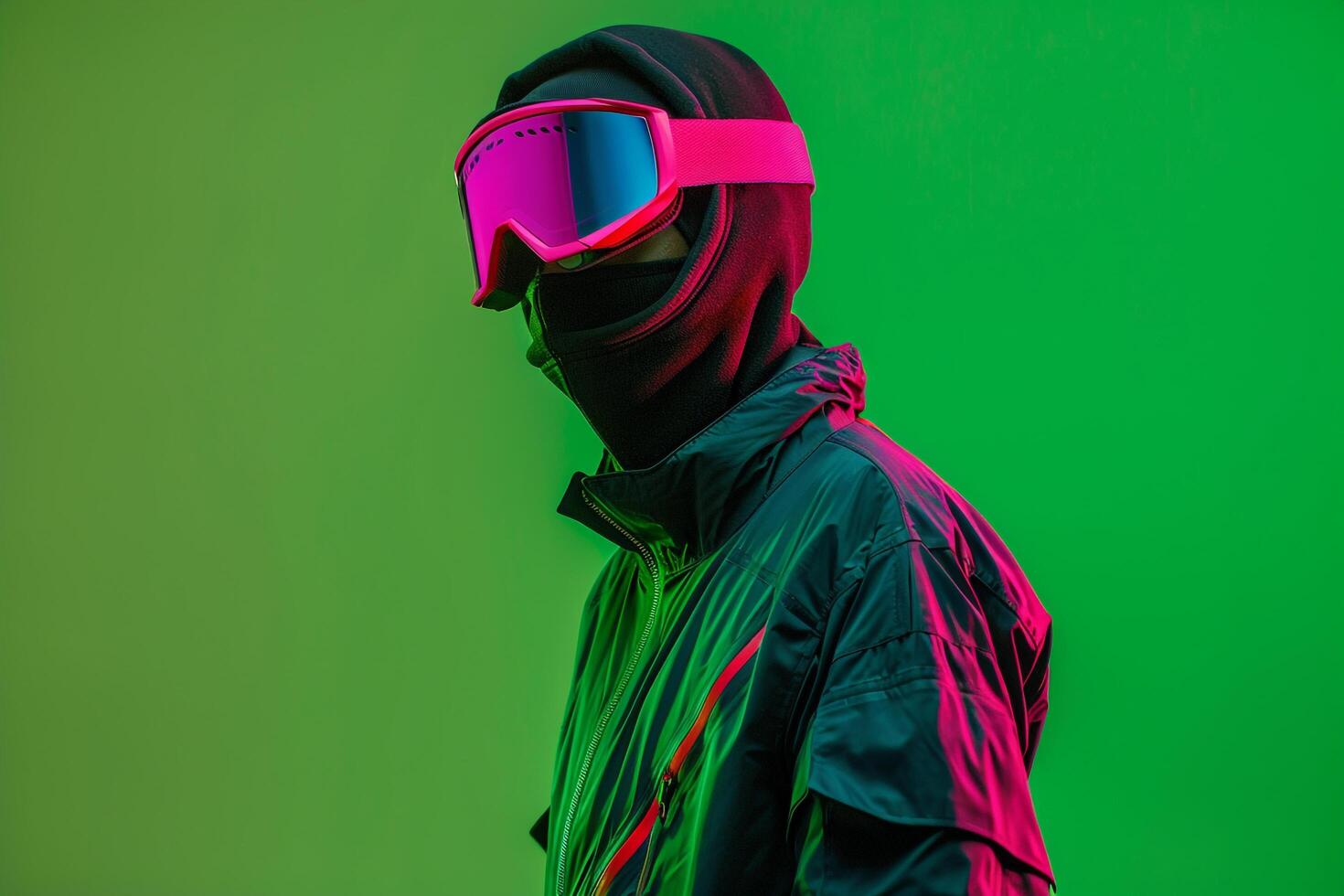Male Fashion ModelTrendy Jacket with Neon pk Ski Mask andNeon Green Lifestyle Males portrait Fashion Male Background photo