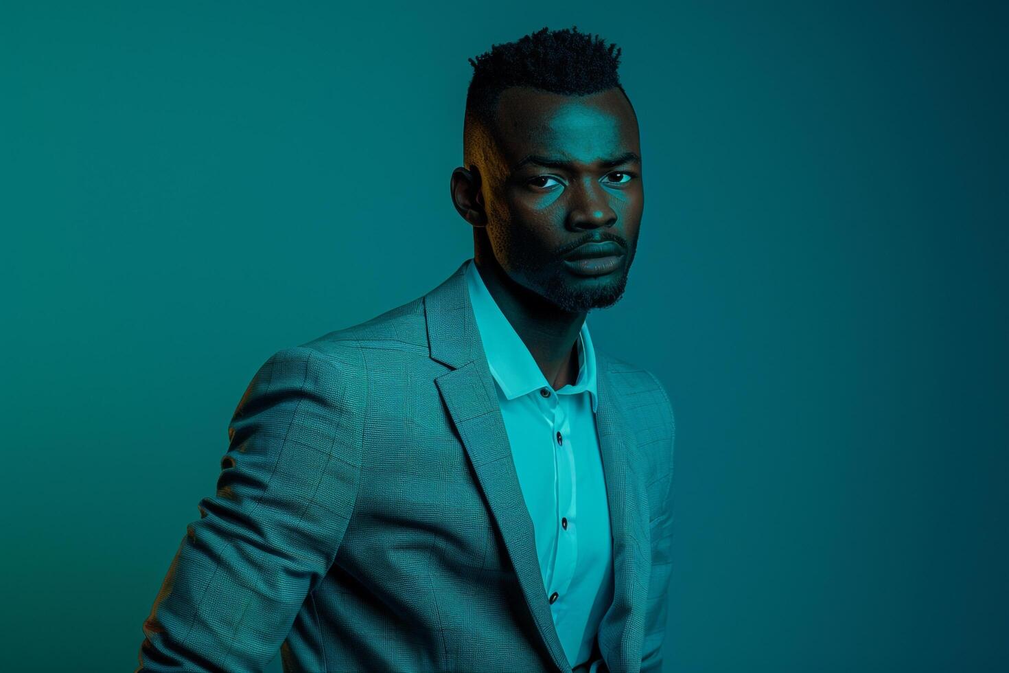 Neon Teal Stylish Blazer Male Fashion Model in Contemporary portrait with Stylish and Trendy Background eleMalets photo
