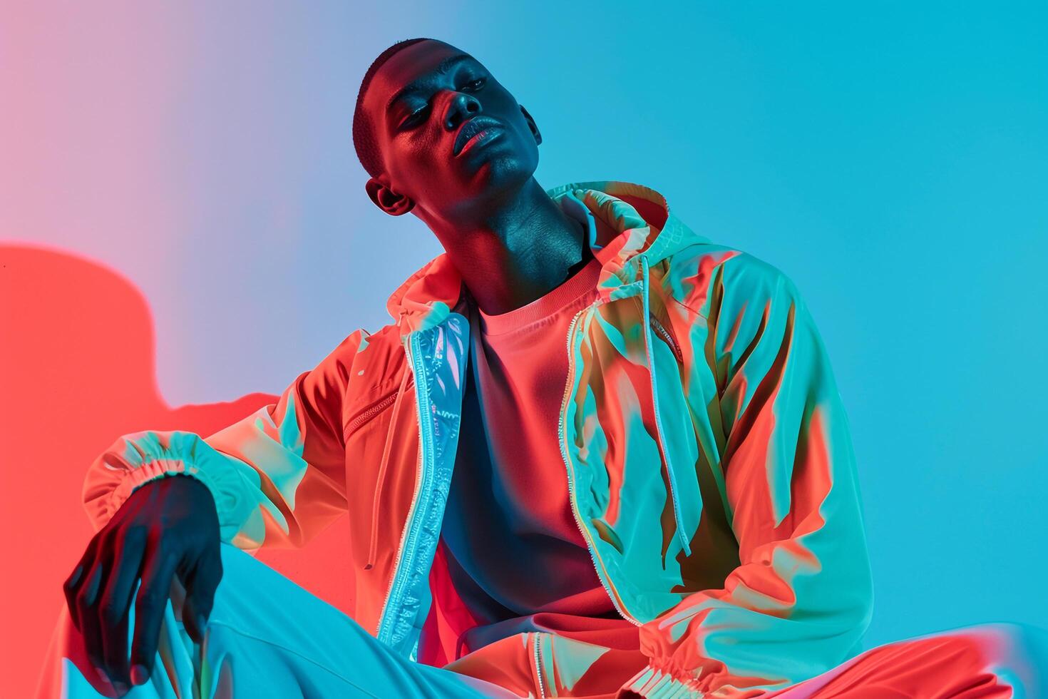 Trendy Fashion Model in a Tracksuit with a Neon Aqua background presenting a dynamic Males fashion portrait with a lively lifestyle ambiance and modern appeal photo