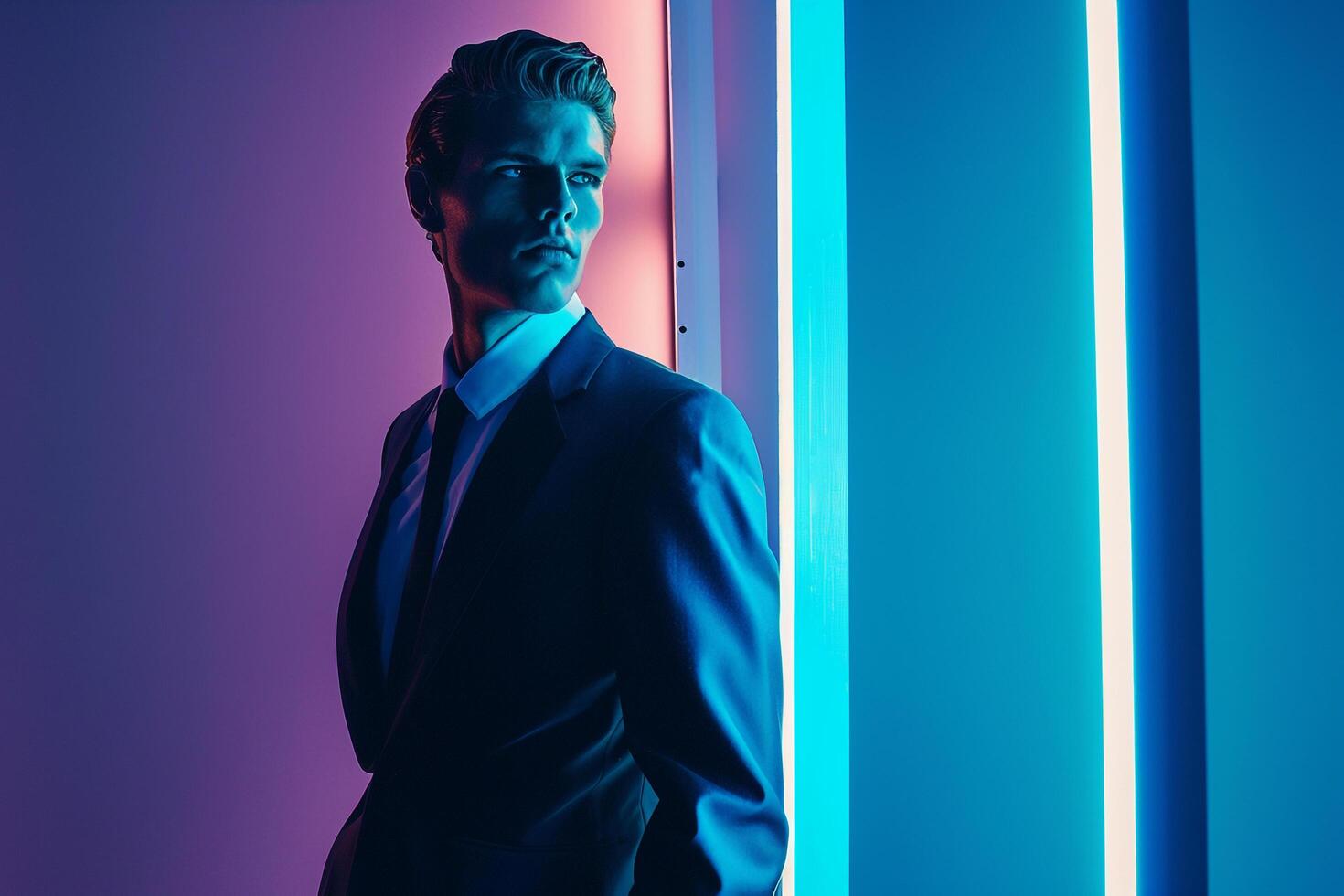 Classic Suit with Neon Aqua Background Male Fashion Model Highlighting Modern Trends and Timeless elegance in a Sophisticated Males Lifestyle portrait photo