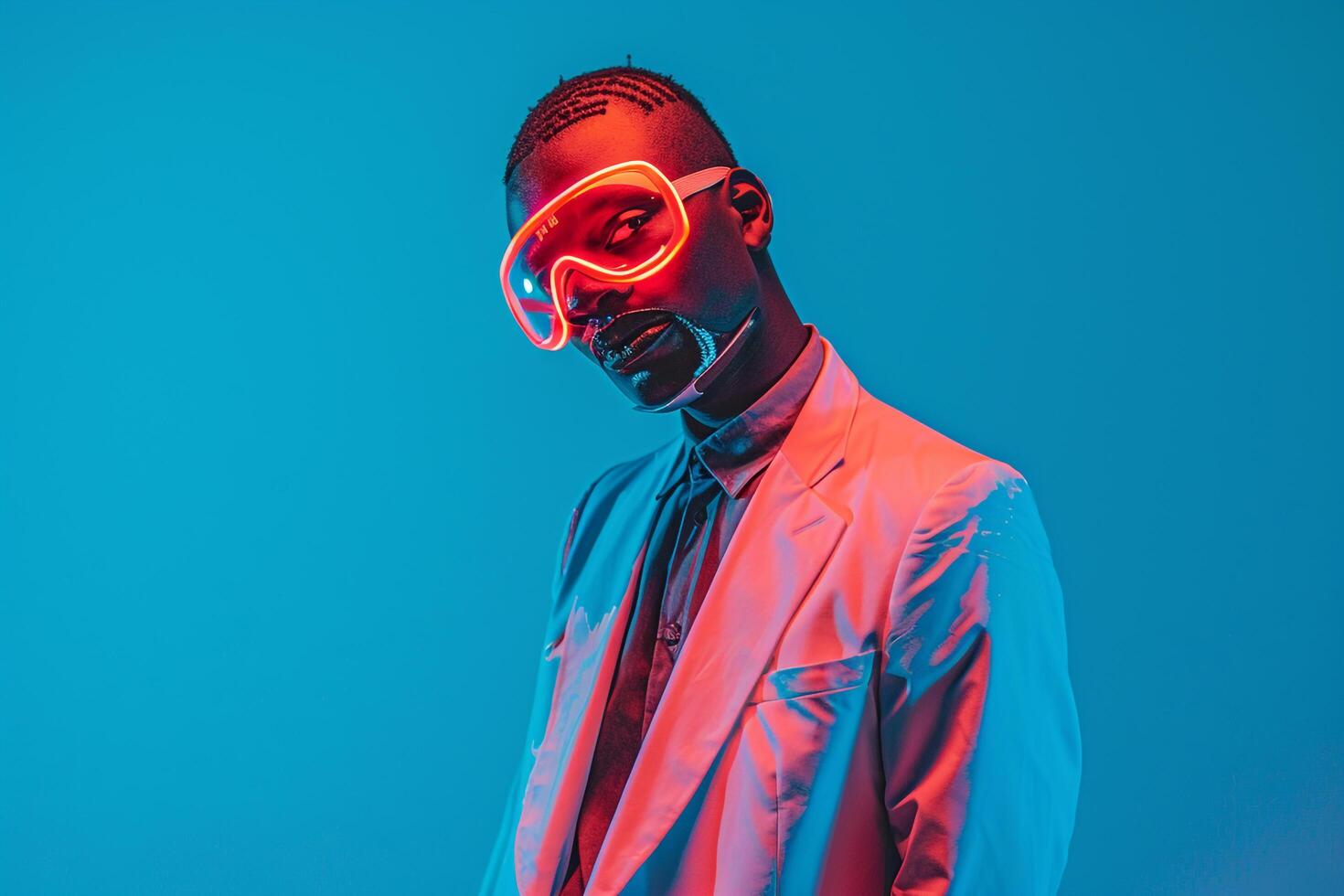 Casual Blazer with Neon Coral Ski Mask Trendy Male portrait Featuring a Casual Blazer and Neon Coral Ski Mask with Neon Blue Background photo