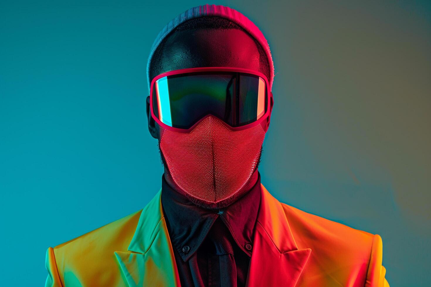 Classic Blazer with Neon Red Ski Mask Trendy Male portrait Featuring a Classic Blazer and Neon Red Ski Mask with Neon Green Background photo