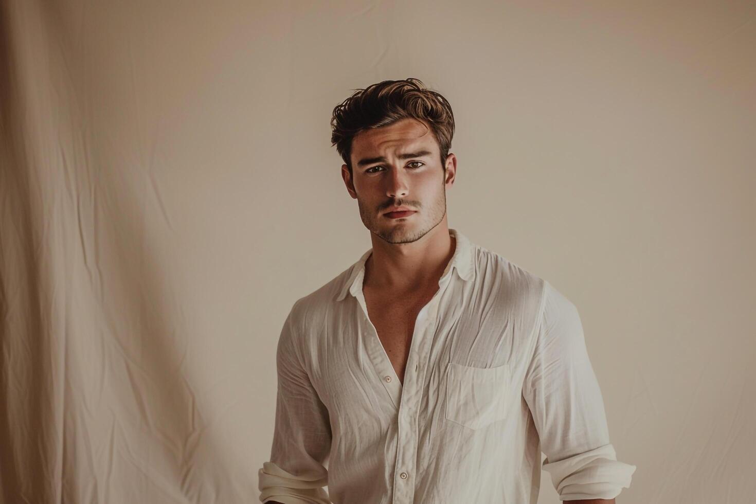 Handsome Fashion Model in premium Henley Shirt Light Sand Background Full length Lifestyle portrait for Trendy Males Fashion photo