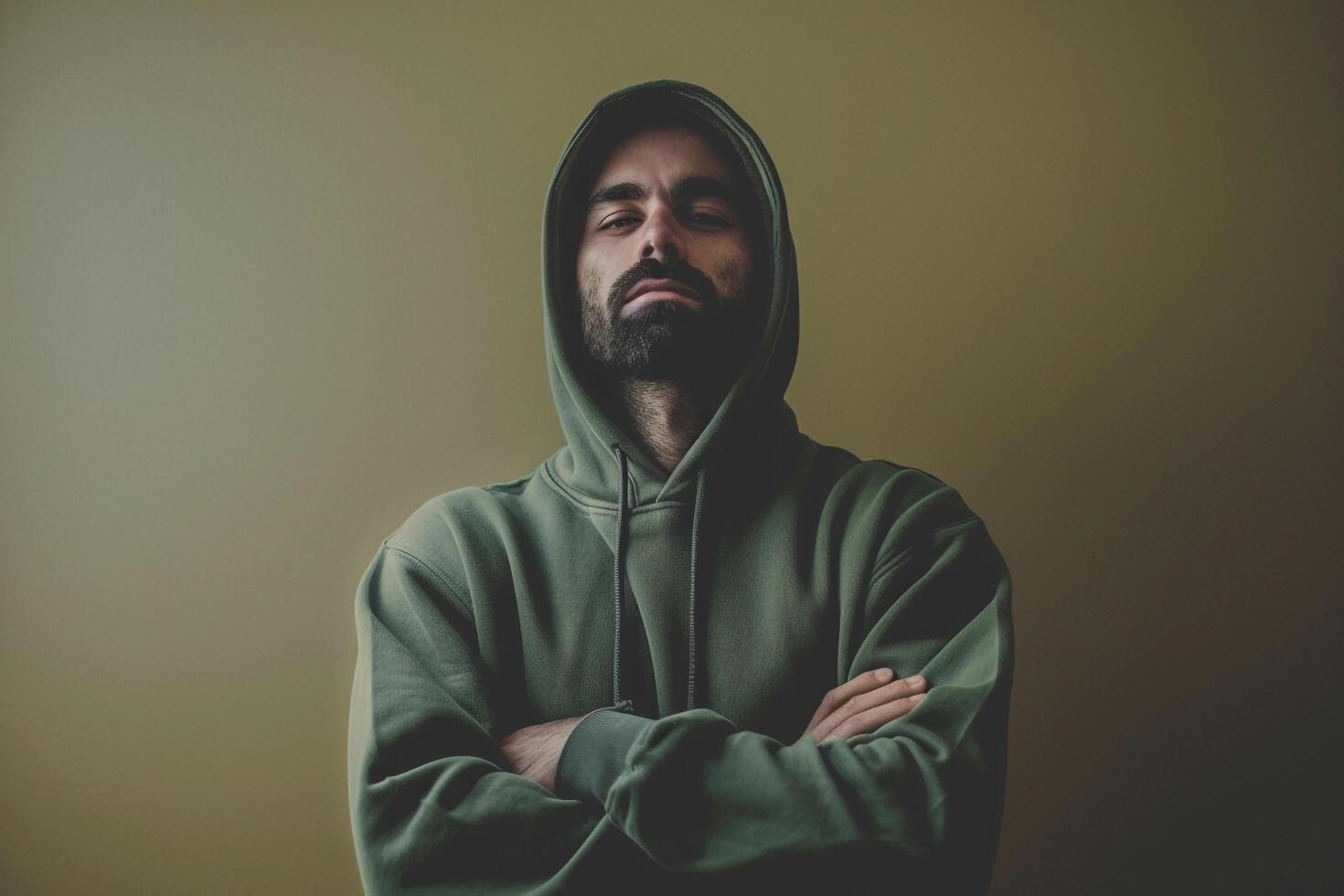 Stylish Olive Hoodie Handsome Fashion Model Standing with Arms Crossed Trendy Male portrait with Lifestyle Background photo