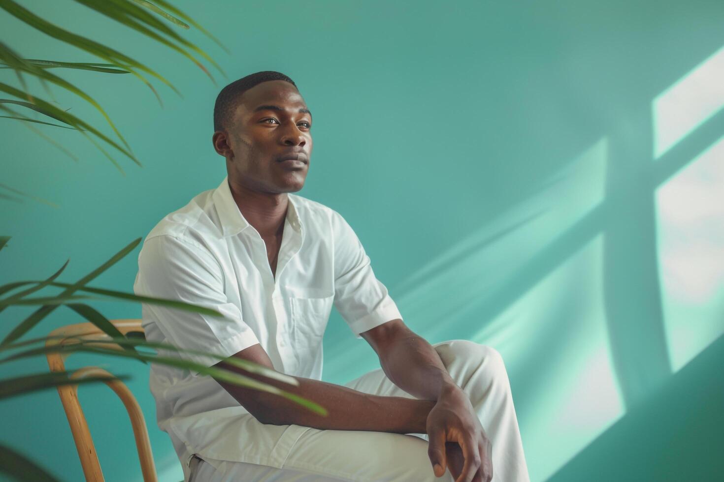 Relaxed Button Down Fashion Model with Soft Green Background Laid Back Lifestyle portrait emphasizing Fashion photo
