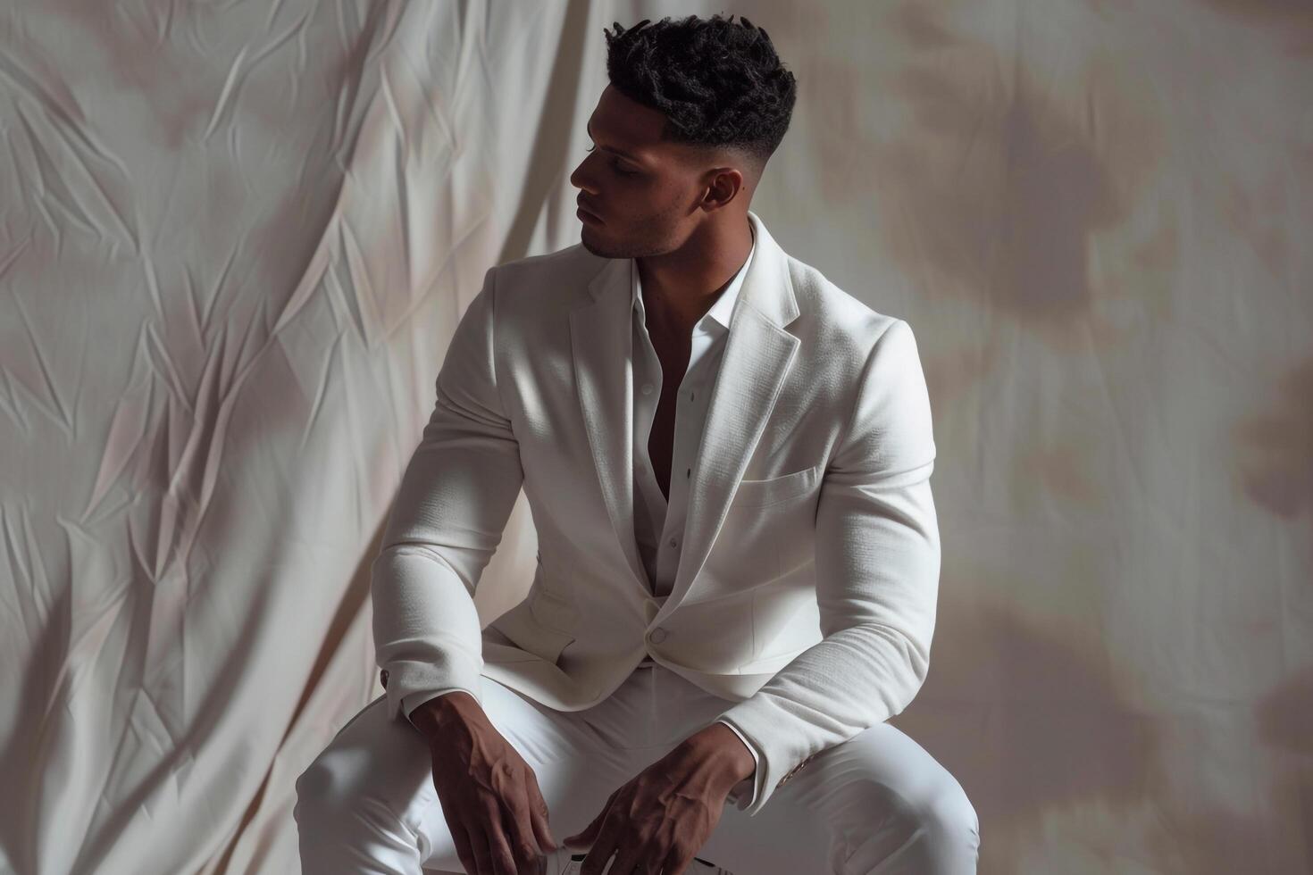 Modern Fashion Model in a Casual Suit with a Silk Ivory Background Stylish Male portrait elegant Lifestyle photo